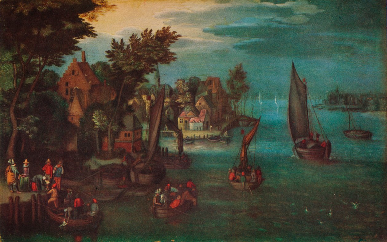 डच वेसल्स और एक फेरी के साथ एक व्यस्त नदी का दृश्य, c1605 द्वारा जान ब्रूगल द एल्डर
