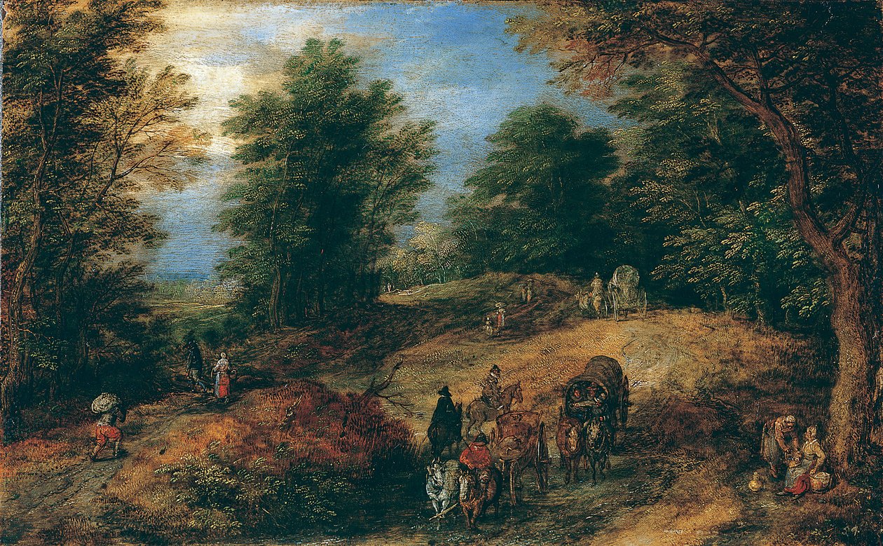 वुडलैंड पथ पर यात्रियों के साथ लैंडस्केप, ca. 1607। द्वारा जान ब्रूघेल द एल्डर