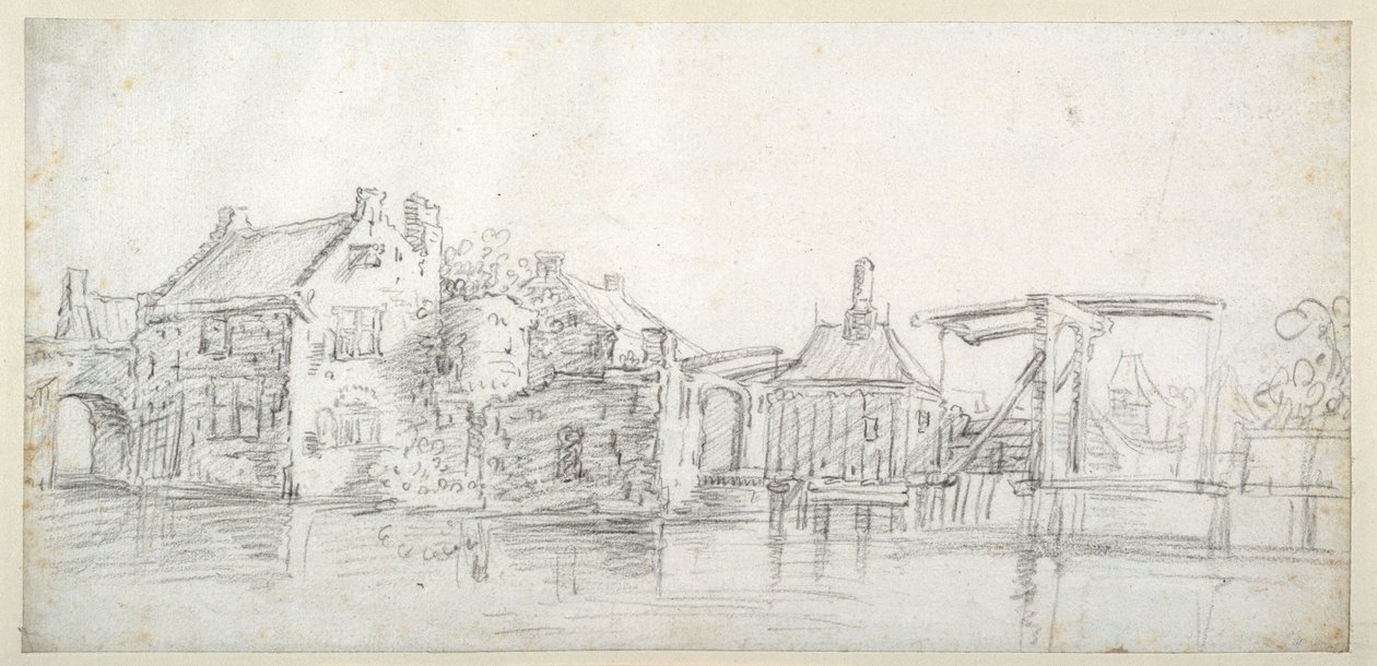एक टोल हाउस और एक टोल ब्रिज सहित इमारतों के साथ एक नहर, c.1650 (सफेद कागज पर काला चाक) द्वारा जान जोसेफ्स। वैन (सर्कल) गोयेन