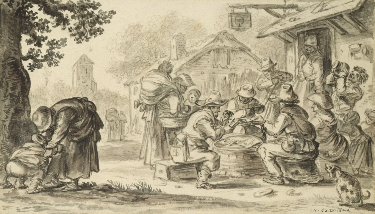 इन, 1624 (पेंसिल, कलम और स्याही और कागज पर ब्रश) के सामने एक किसान कार्ड गेम द्वारा जन जोसेफ्स वैन गोयन