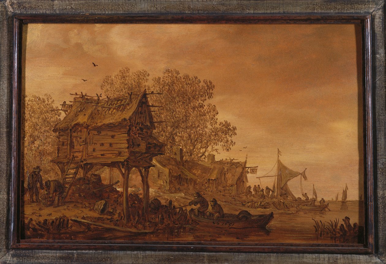 एक नाव पर एक नदी के किनारे एक गाँव में एक किसान कबूतर, 1651 द्वारा जन जोसेफ्स वैन गोयन