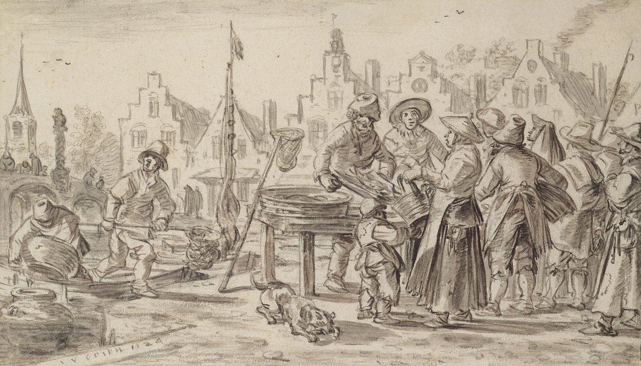 फिशमार्केट, 1624 (कागज पर कलम और ब्रश और भूरी स्याही) द्वारा जन जोसेफ्स वैन गोयन