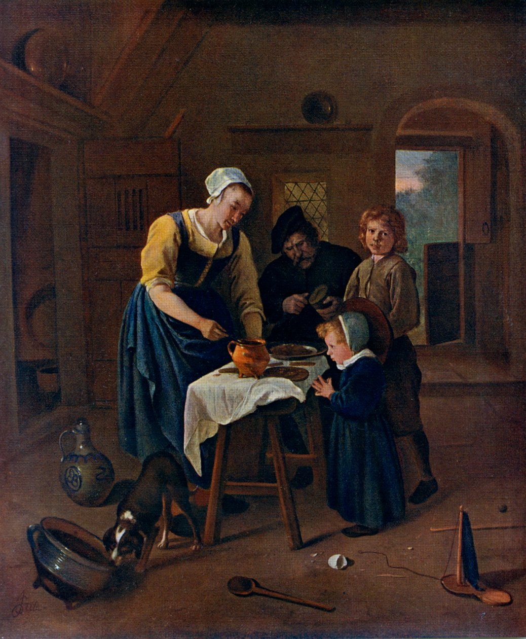 मीट-टाइम ग्रेस एट ए मीट से पहले एक किसान परिवार, c1665, 1912। द्वारा जान हविक्ज़ून स्टीन