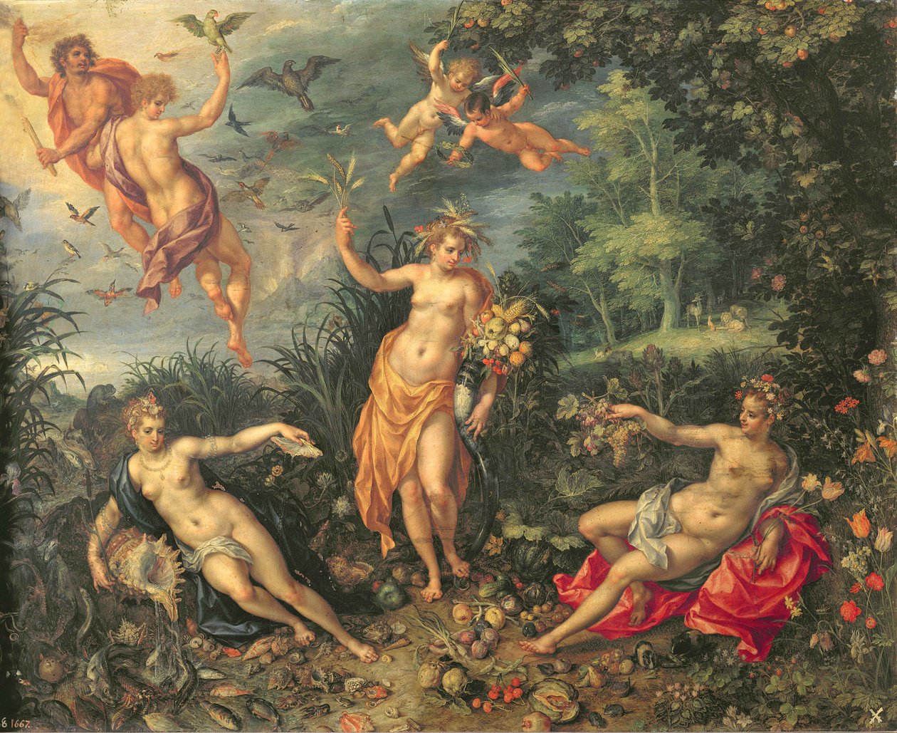 बहुतायत और चार तत्व, c.1606 (तांबे पर तेल) द्वारा जान और क्लर्क, एच। ब्रूघेल