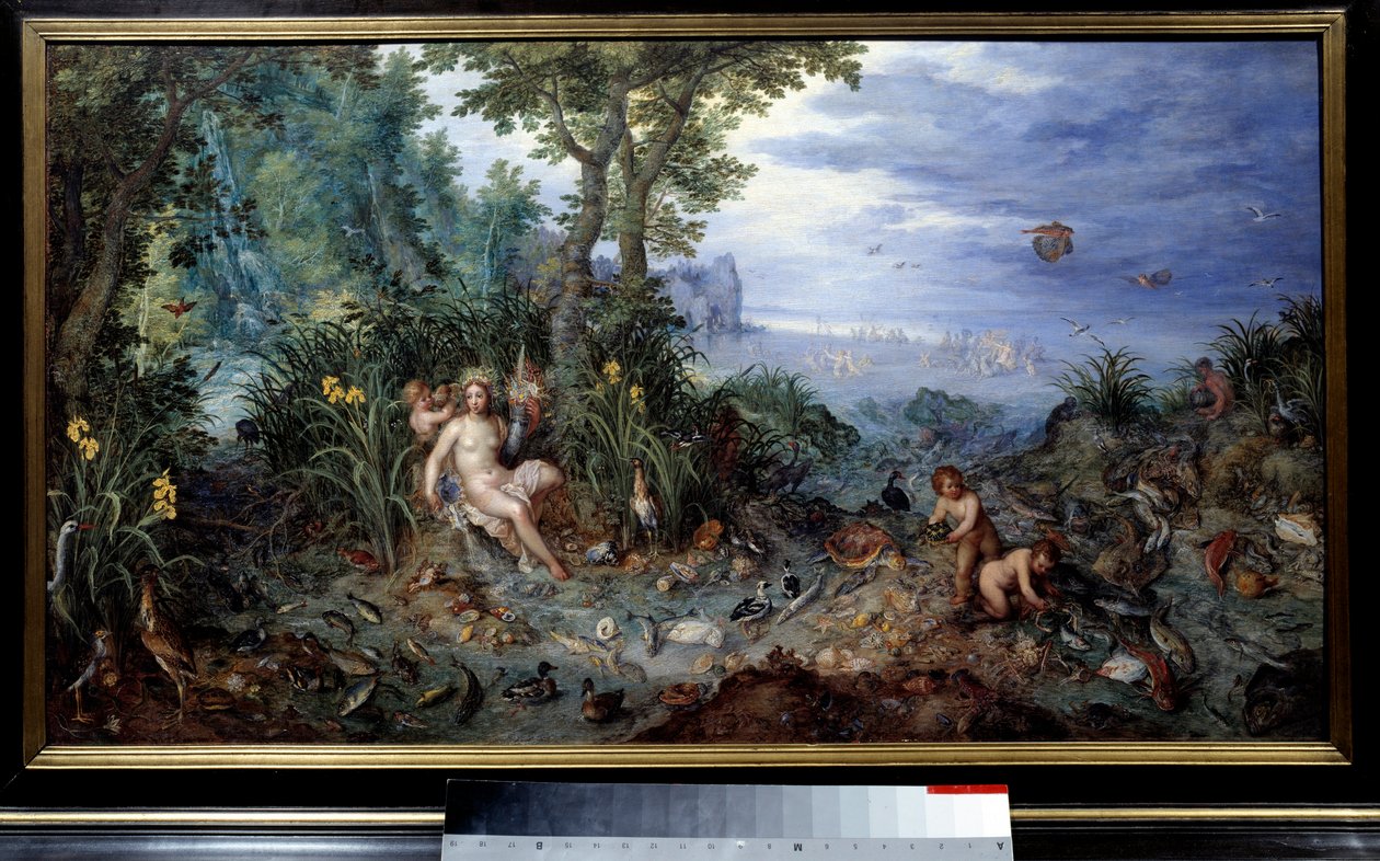 चार तत्व: "जल" रूपक। बत्तख, मछली के साथ युवती। जान ब्रेगेल ले विएक्स द्वारा पेंटिंग ब्रूगल डी वेलोर्स (ब्रुघेल या ब्रूघेल) को बुलाती है द्वारा जन एल्डर ब्रूघेल