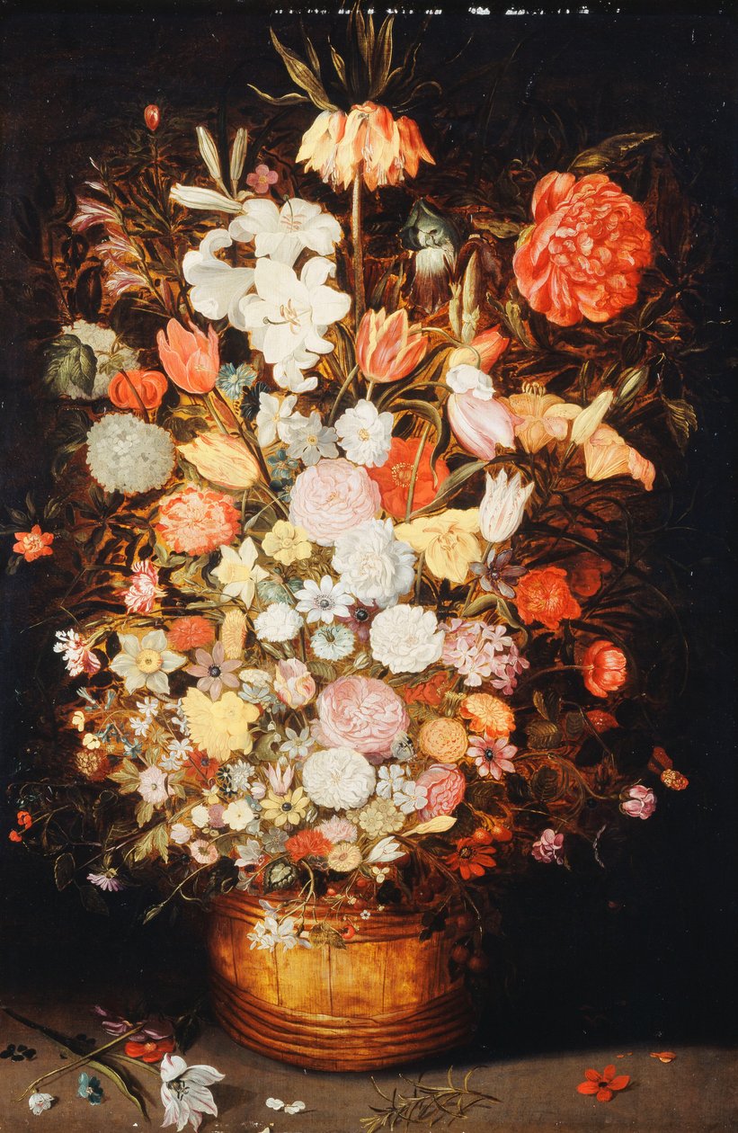 ए स्टिल लाइफ ऑफ फ्लॉवर्स इन ए वुडन टब, c.1630s द्वारा जान ब्रूघेल द यंगर