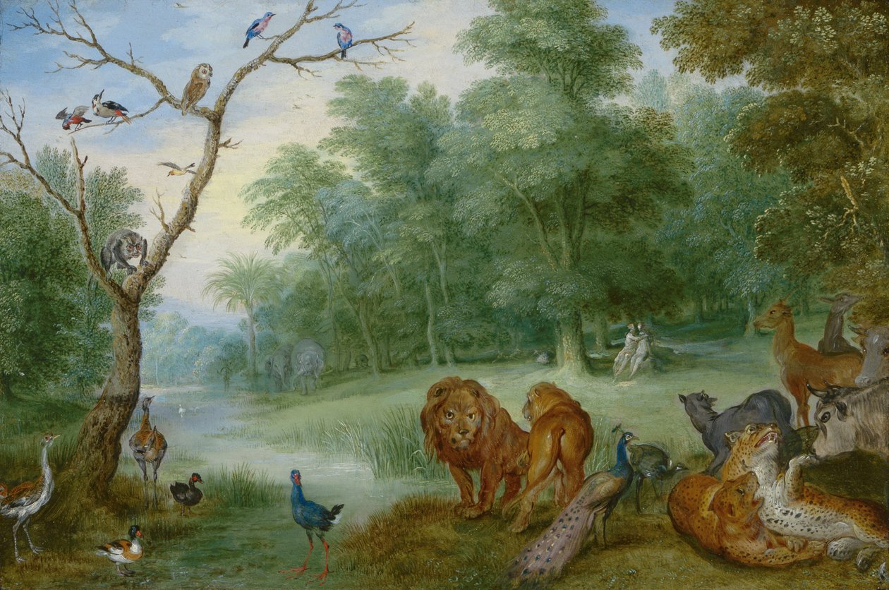फॉल ऑफ मैन के साथ स्वर्ग, c.1630 (पैनल पर तांबे पर तेल) द्वारा जान ब्रूघेल द यंगर
