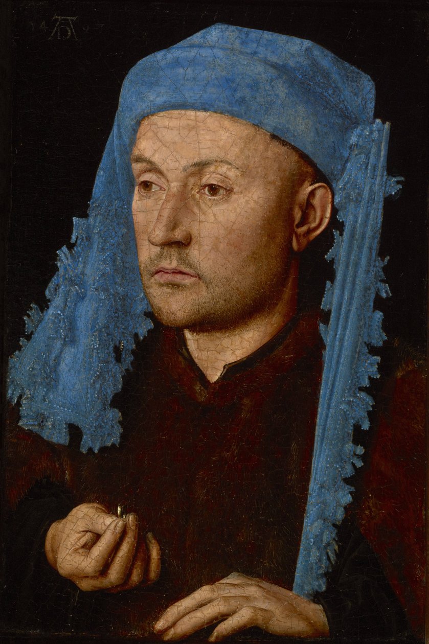 ब्लू चैपरन (अंगूठी वाला आदमी), c.1429 (लकड़ी पर तेल) के साथ एक आदमी का पोर्ट्रेट द्वारा जान वैन आईक