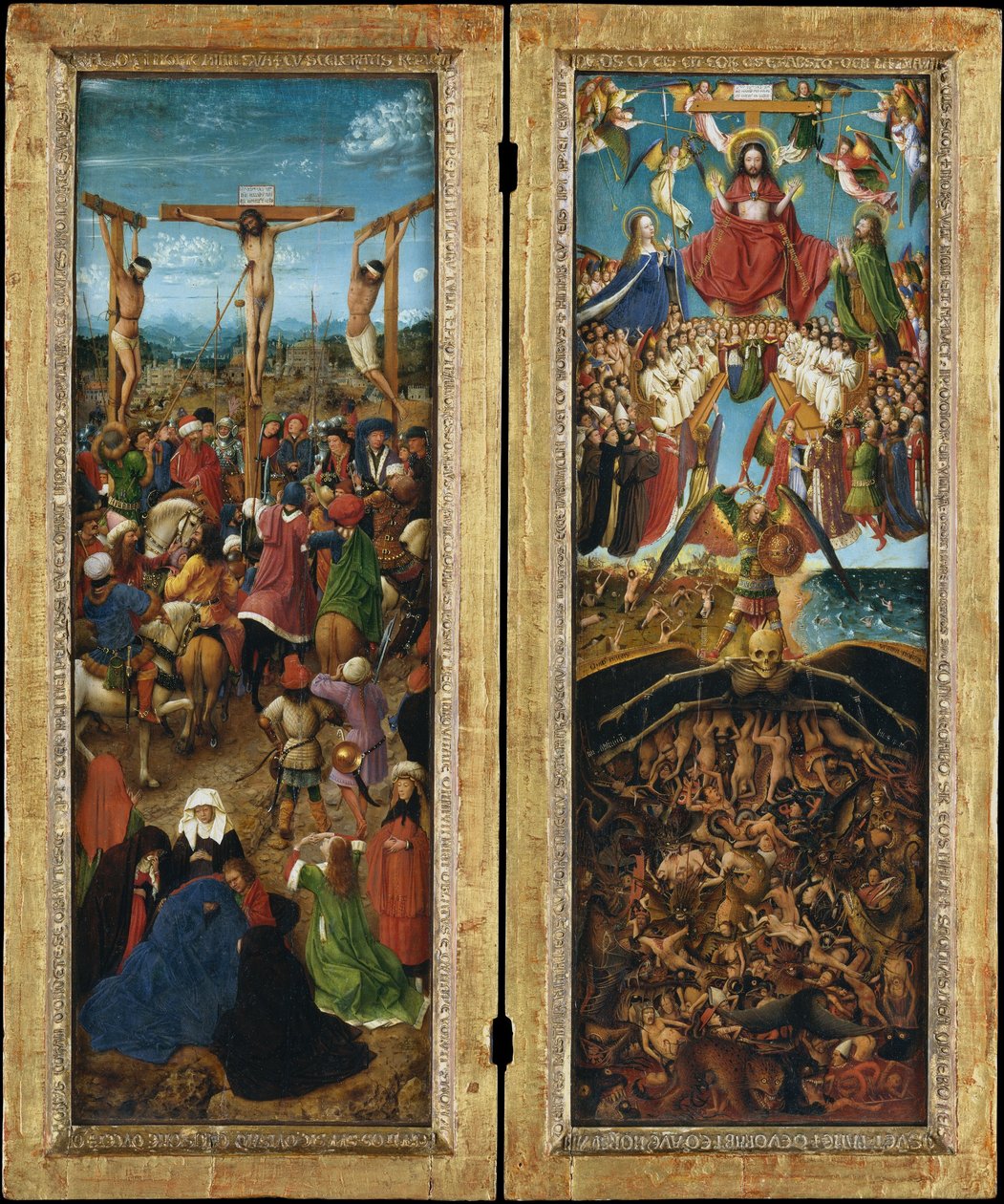 क्रूसीफिकेशन; अंतिम निर्णय, c.1440-41 (कैनवास पर तेल लकड़ी से स्थानांतरित) द्वारा जान वैन आईक