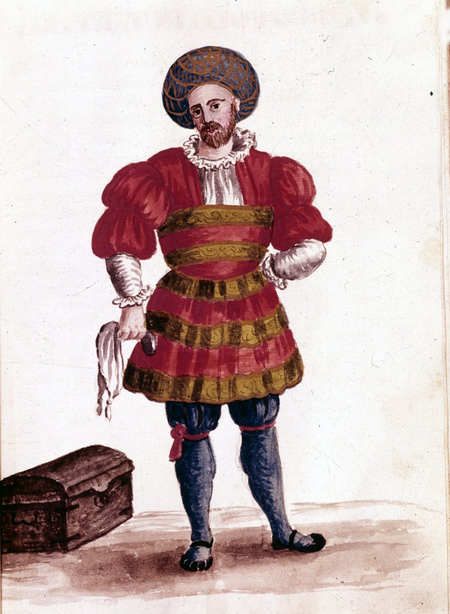 15वीं सदी में वेनिस का व्यापारी। जन वैन ग्रेवेनब्रोक (या गियोवन्नी ग्रीवेम्ब्रोक (ग्रीवेनब्रोच) (1731-1807) द्वारा पांडुलिपि "कस्टम्स ऑफ द वेनिशियन" से वॉटरकलर ड्राइंग और स्याही द्वारा जन वैन ग्रीवेनोबेक