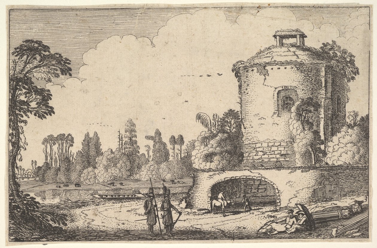 एक गोल टॉवर के साथ लैंडस्केप, सीए। 1616. द्वारा जान वैन डे वेलडे II