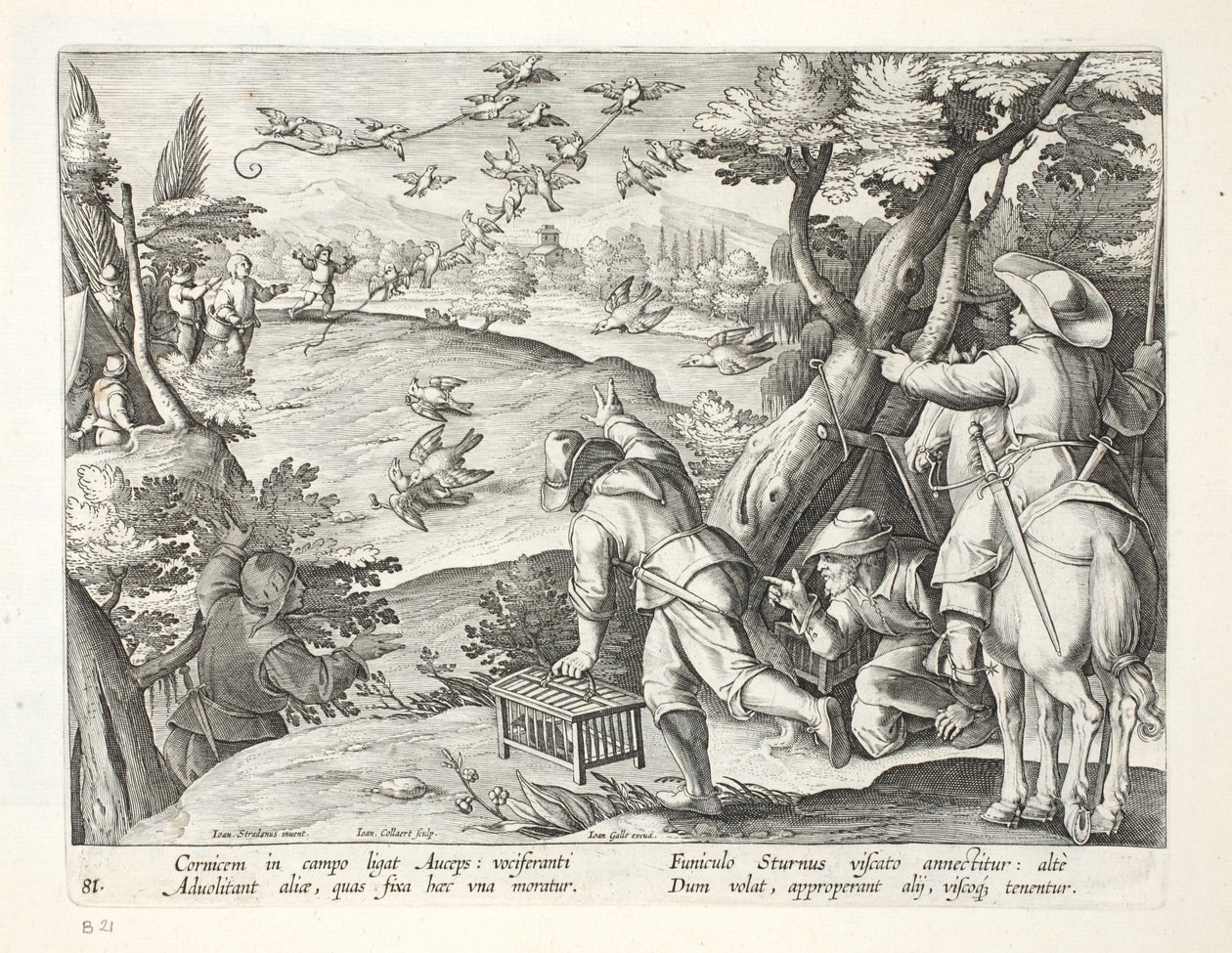 फाउलर्स, कौवे को पकड़ते हुए, जन Collaert (1566-1628), पब द्वारा उत्कीर्ण &39;वेनेशन, फेरारम, एवियम, पिस कैल्शियम&39; (शिकार का: जंगली जानवर, पक्षी, मछली) से चित्रण। फिलिप्स गैलैस, एम्स्टर्डम (इंग्लैंड) द्वारा द्वारा जन वैन डर स्ट्रेट