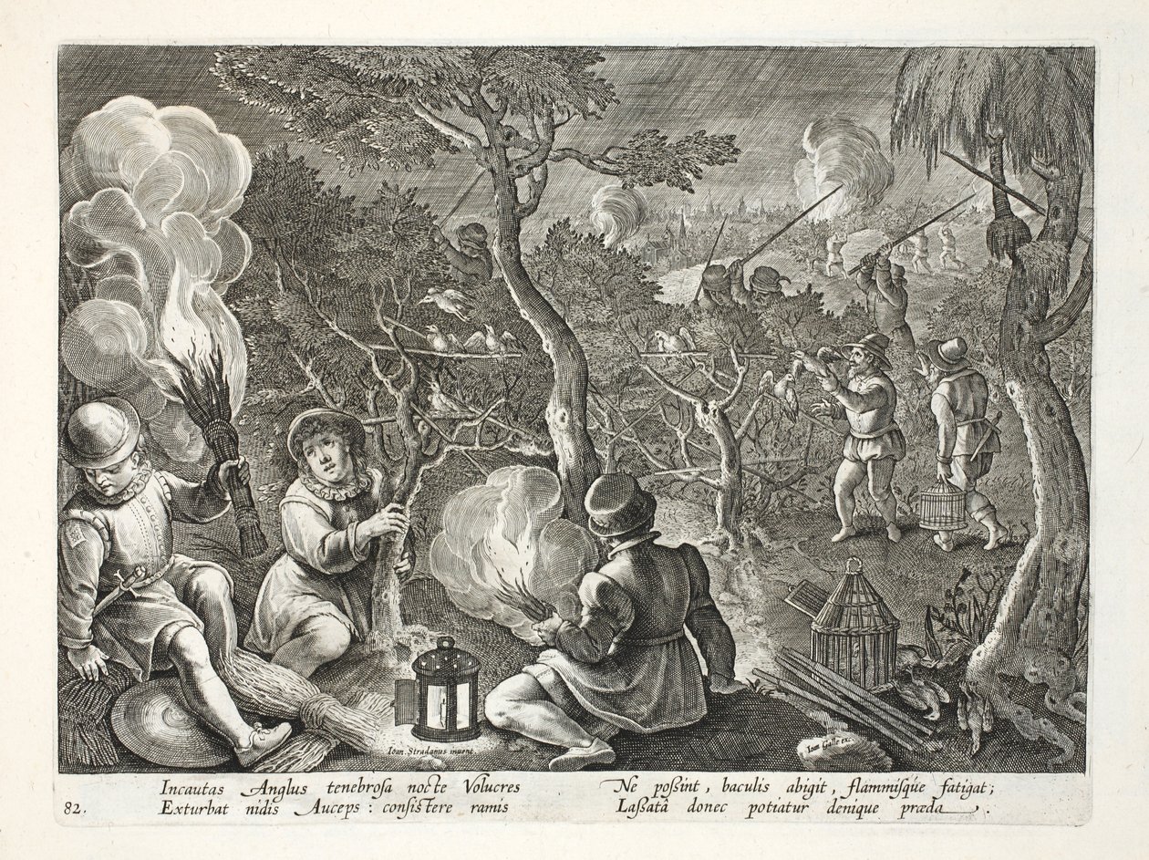रात में पक्षियों को पकड़ते हुए फाउलर्स, जन कोलार्ट (1566-1628) द्वारा उत्कीर्ण &39;वेनेशन, फेरम, एवियम, पिस कैल्शियम&39; (शिकार का शिकार: जंगली जानवर, पक्षी, मछली) का चित्रण। फिलिप गैलस, एमस्टी द्वारा द्वारा जन वैन डर स्ट्रेट