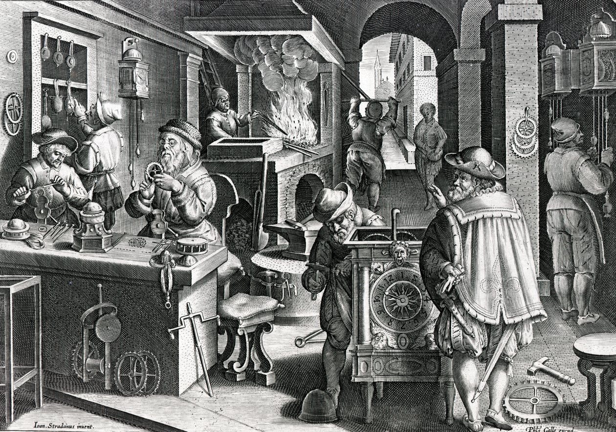 घड़ियों लोहा, प्लेट 5 &39;नोवा reperta&39; से फिलिप्स गाले, c.1580-1605 द्वारा उत्कीर्ण द्वारा जन वैन डर स्ट्रेट