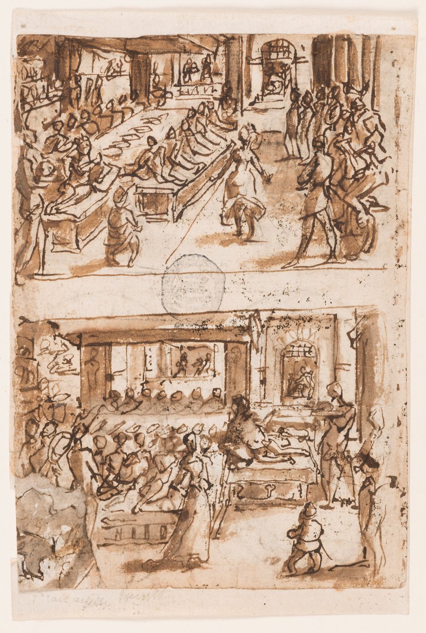 सैलोम का नृत्य; वर्सो, ऊपर: राजा नबूकदनेस्सर के दूसरे सपने की डैनियल की व्याख्या, quot;स्पिरिटस कॉन्सिलीquot; (द स्पिरिट ऑफ काउंसिल) के लिए प्रारंभिक डिजाइन, quot;द सेवेन गिफ्ट्स ऑफ द होली स्पिरिटquot; प्रिंट श्रृंखला में प्लेट 3; वर्सो, नीचे: दो अंडाकार,  द्वारा जान वैन डेर स्ट्रेट, जिसे स्ट्रैडानस कहा जाता है