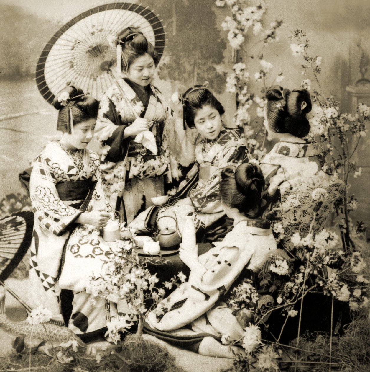 चेरी ब्लॉसम के बीच, c.1900 (एल्बम फ़ोटो) द्वारा जापानी फोटोग्राफर