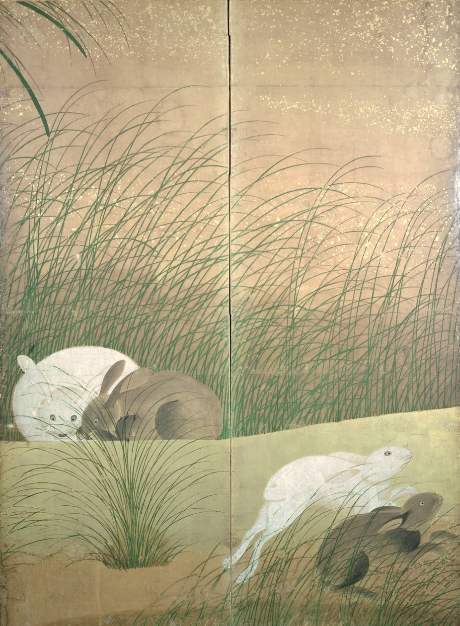 हरे और पतझड़ की घास, c.1700 (स्याही, रंग और कागज पर सोना) द्वारा जापानी स्कूल