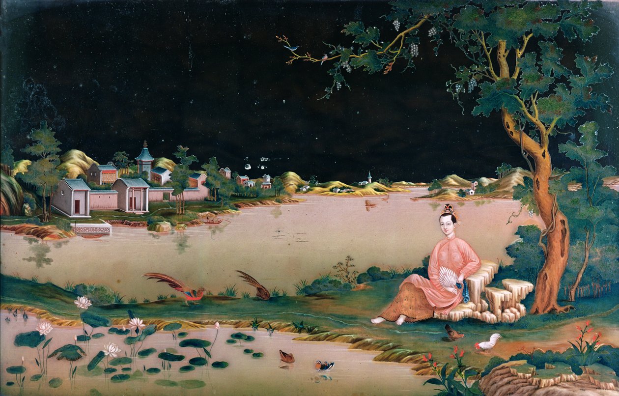 एक लड़की को बैठा हुआ जापानी दर्पण चित्र, c.1800 द्वारा जापानी स्कूल