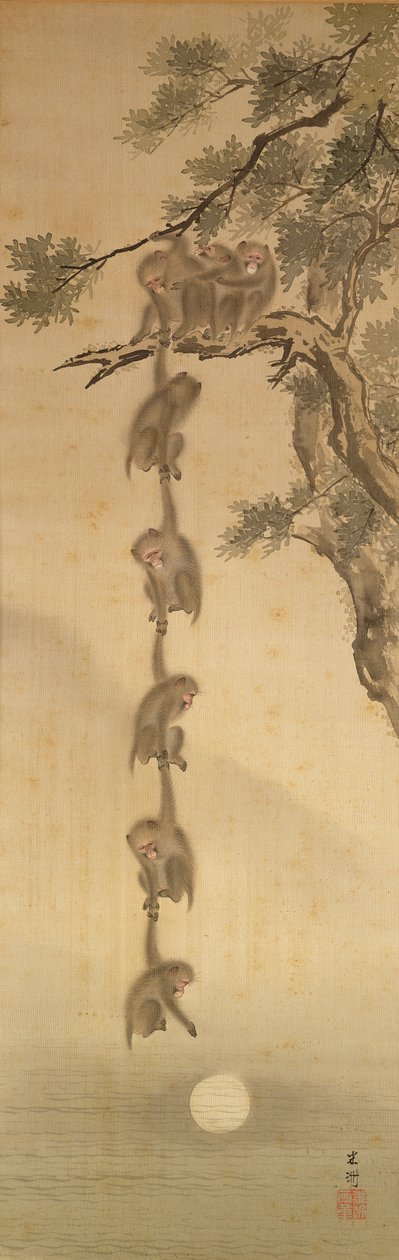 चंद्रमा के लिए पहुंचने वाले बंदर, ईदो अवधि (1603-1867) (कागज पर स्याही) द्वारा जापानी स्कूल