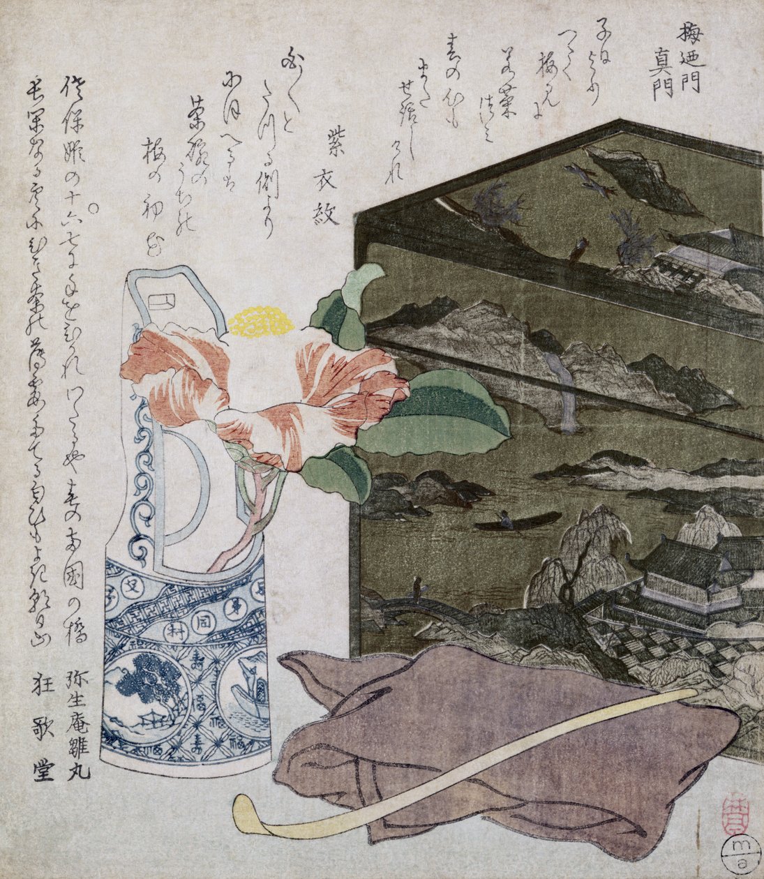 फिर भी एक कैमेलिया के साथ जीवन, c.1820 (कलर वुडब्लॉक प्रिंट) द्वारा जापानी स्कूल