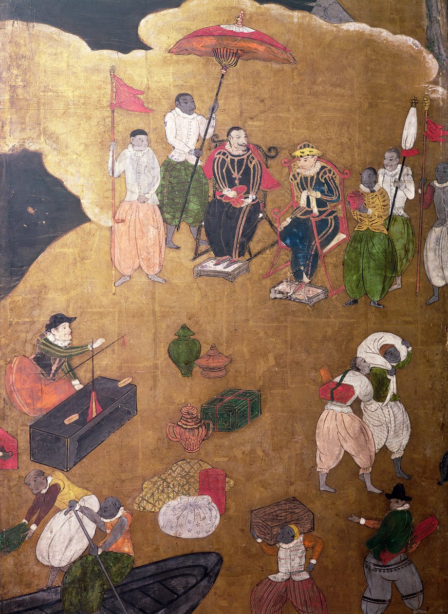 जापान में पुर्तगालियों का आगमन, एक नम्बन बायोबू स्क्रीन से, 1594-1618 से पुर्तगालियों के विस्थापन का विवरण द्वारा जापानी स्कूल