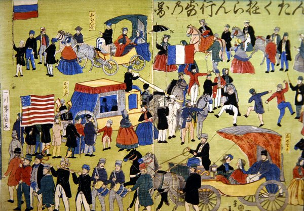 जापान के योकोहामा में पहुंचने वाले अमेरिकी, डच और फ्रांसीसी आगंतुक, c.1860 (रंगीन वुडकट) द्वारा जापानी स्कूल