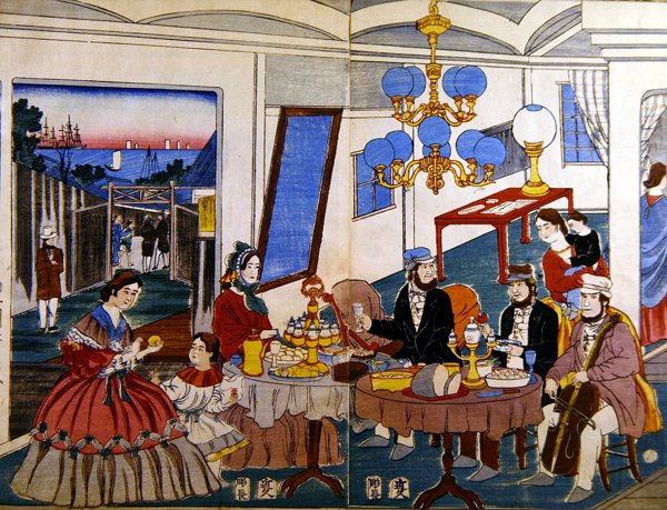 जापान में अमेरिकी या यूरोपीय परिवार, c.1860 (रंगीन वुडकट) द्वारा जापानी स्कूल