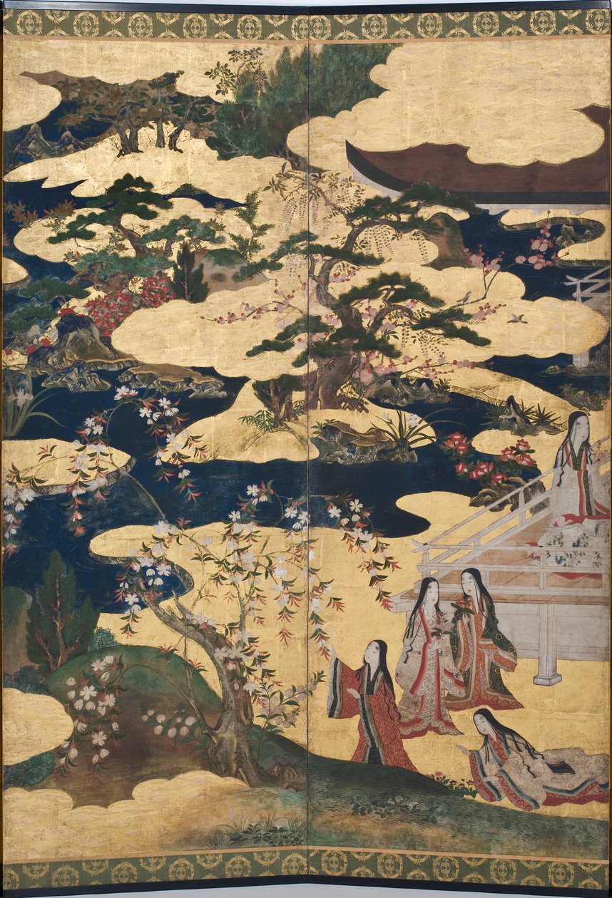 पैलेस में स्प्रिंग का विस्तार, द टेल ऑफ़ जेनजी से छह गुना स्क्रीन, c.1650 (स्याही, रंग और कागज पर सोना) द्वारा जापानी स्कूल