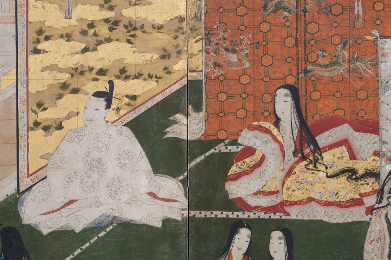 पैलेस में स्प्रिंग का विस्तार, द टेल ऑफ़ जेनजी से छह गुना स्क्रीन, c.1650 (स्याही, रंग और कागज पर सोना) द्वारा जापानी स्कूल