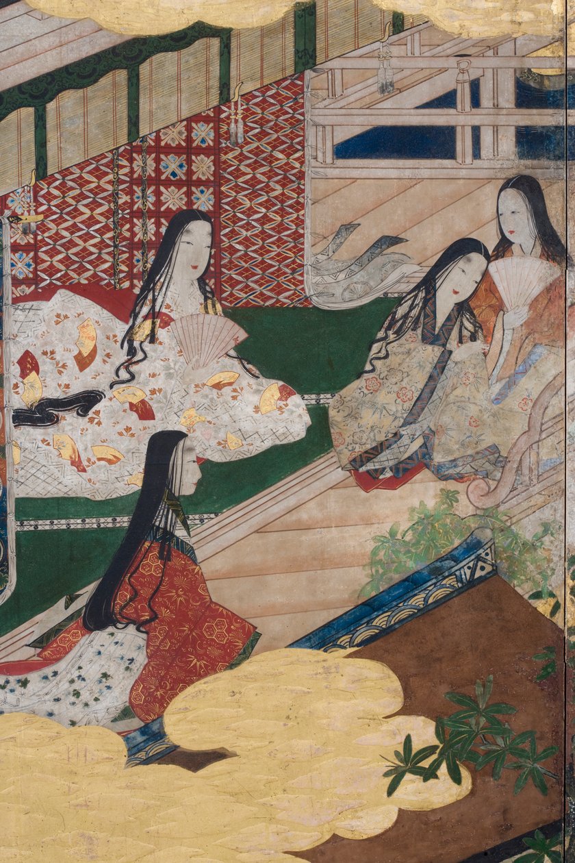 पैलेस में स्प्रिंग का विस्तार, द टेल ऑफ़ जेनजी से छह गुना स्क्रीन, c.1650 (स्याही, रंग और कागज पर सोना) द्वारा जापानी स्कूल