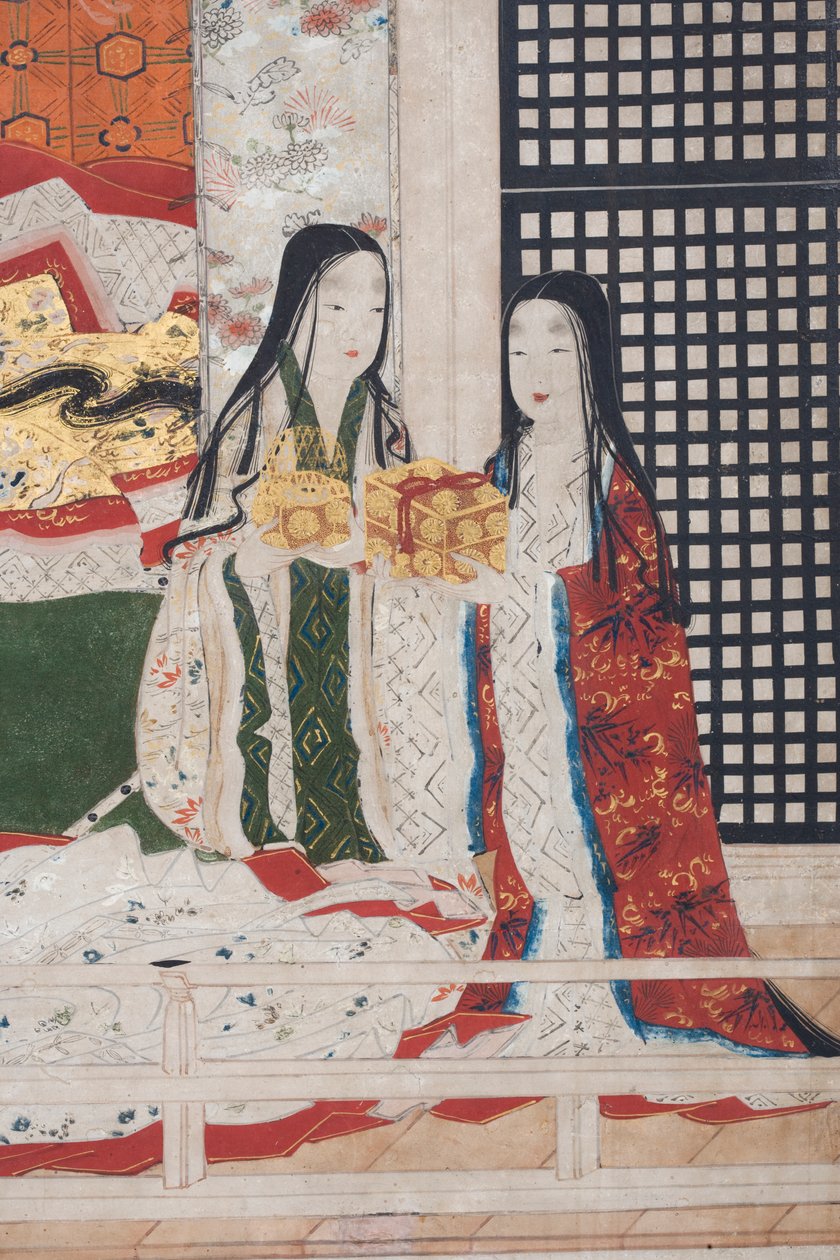 पैलेस में स्प्रिंग का विस्तार, द टेल ऑफ़ जेनजी से छह गुना स्क्रीन, c.1650 (स्याही, रंग और कागज पर सोना) द्वारा जापानी स्कूल