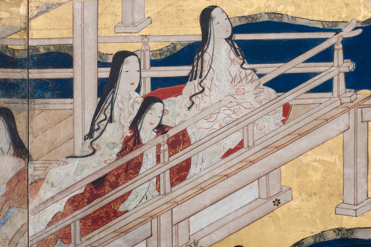 पैलेस में स्प्रिंग का विस्तार, द टेल ऑफ़ जेनजी से छह गुना स्क्रीन, c.1650 (स्याही, रंग और कागज पर सोना) द्वारा जापानी स्कूल