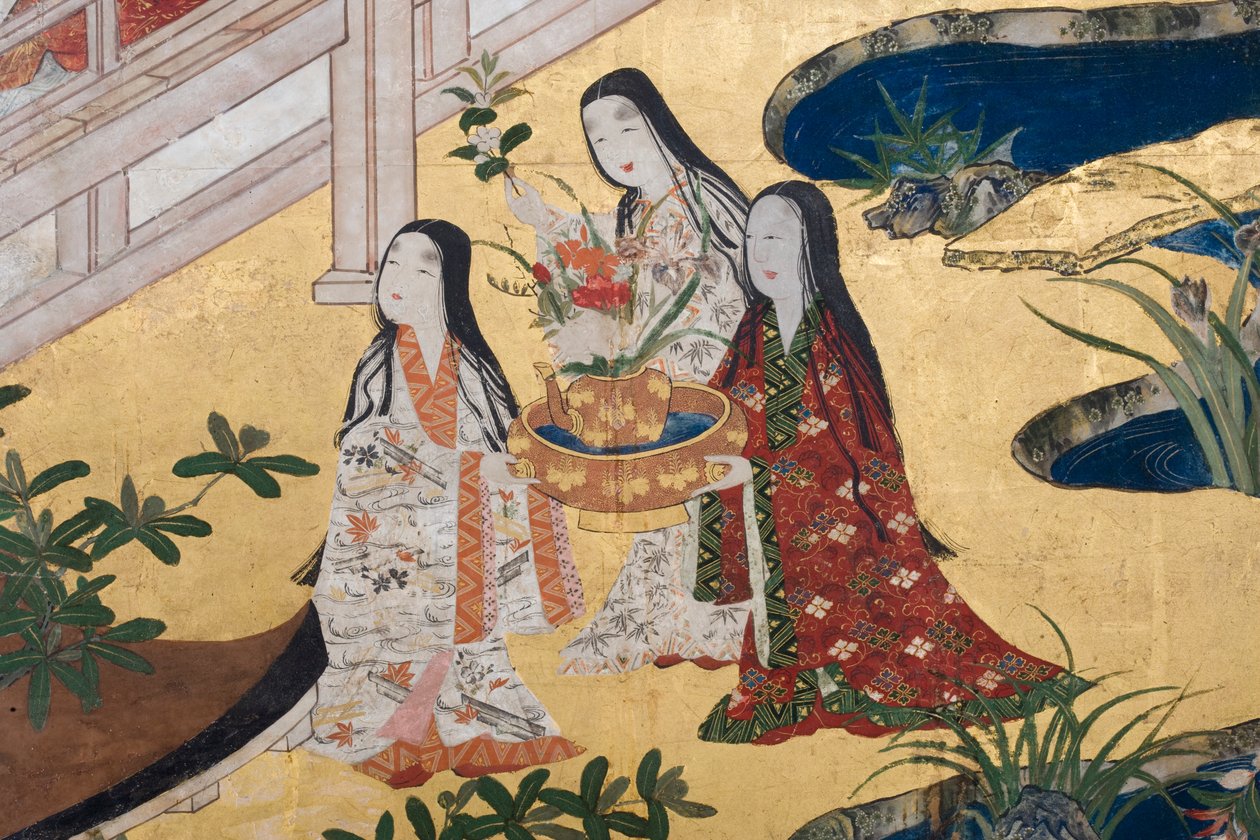 पैलेस में स्प्रिंग का विस्तार, द टेल ऑफ़ जेनजी से छह गुना स्क्रीन, c.1650 (स्याही, रंग और कागज पर सोना) द्वारा जापानी स्कूल