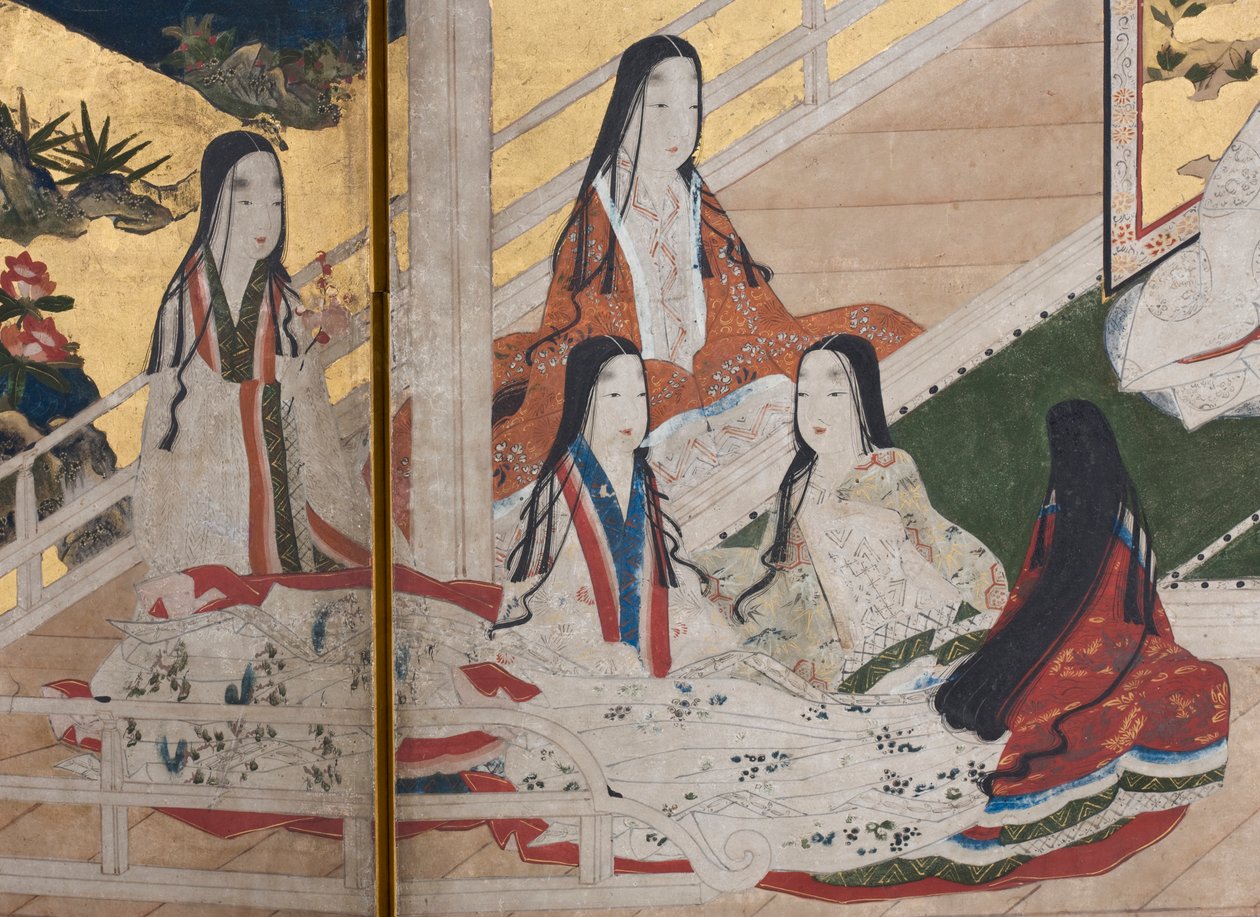 पैलेस में स्प्रिंग का विस्तार, द टेल ऑफ़ जेनजी से छह गुना स्क्रीन, c.1650 (स्याही, रंग और कागज पर सोना) द्वारा जापानी स्कूल