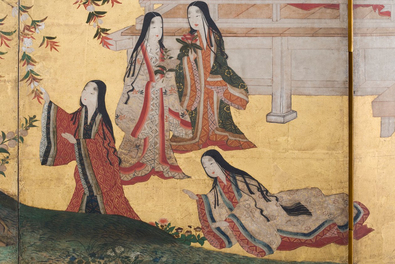 पैलेस में स्प्रिंग का विस्तार, द टेल ऑफ़ जेनजी से छह गुना स्क्रीन, c.1650 (स्याही, रंग और कागज पर सोना) द्वारा जापानी स्कूल