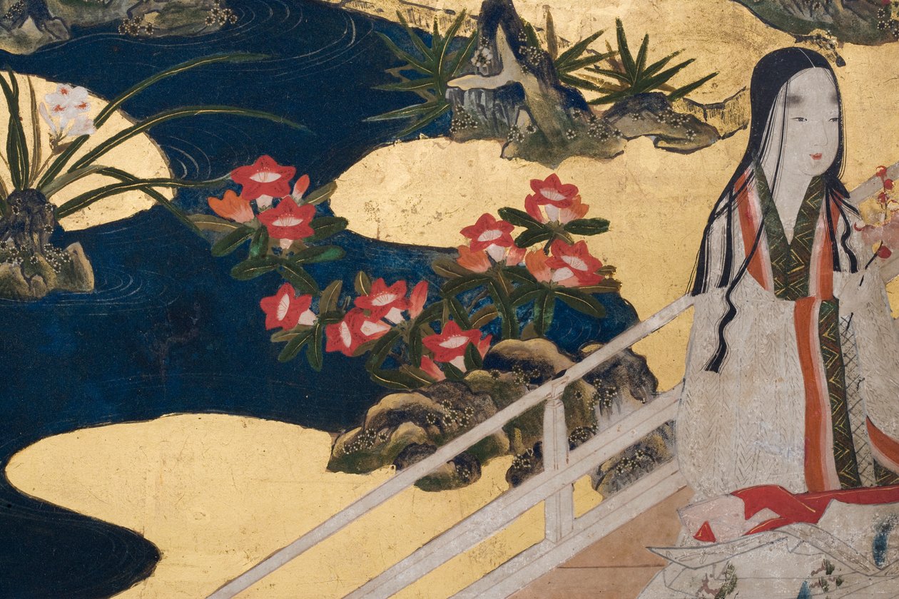 पैलेस में स्प्रिंग का विस्तार, द टेल ऑफ़ जेनजी से छह गुना स्क्रीन, c.1650 (स्याही, रंग और कागज पर सोना) द्वारा जापानी स्कूल