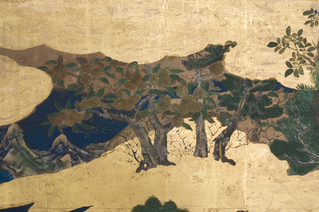 पैलेस में स्प्रिंग का विस्तार, द टेल ऑफ़ जेनजी से छह गुना स्क्रीन, c.1650 (स्याही, रंग और कागज पर सोना) द्वारा जापानी स्कूल