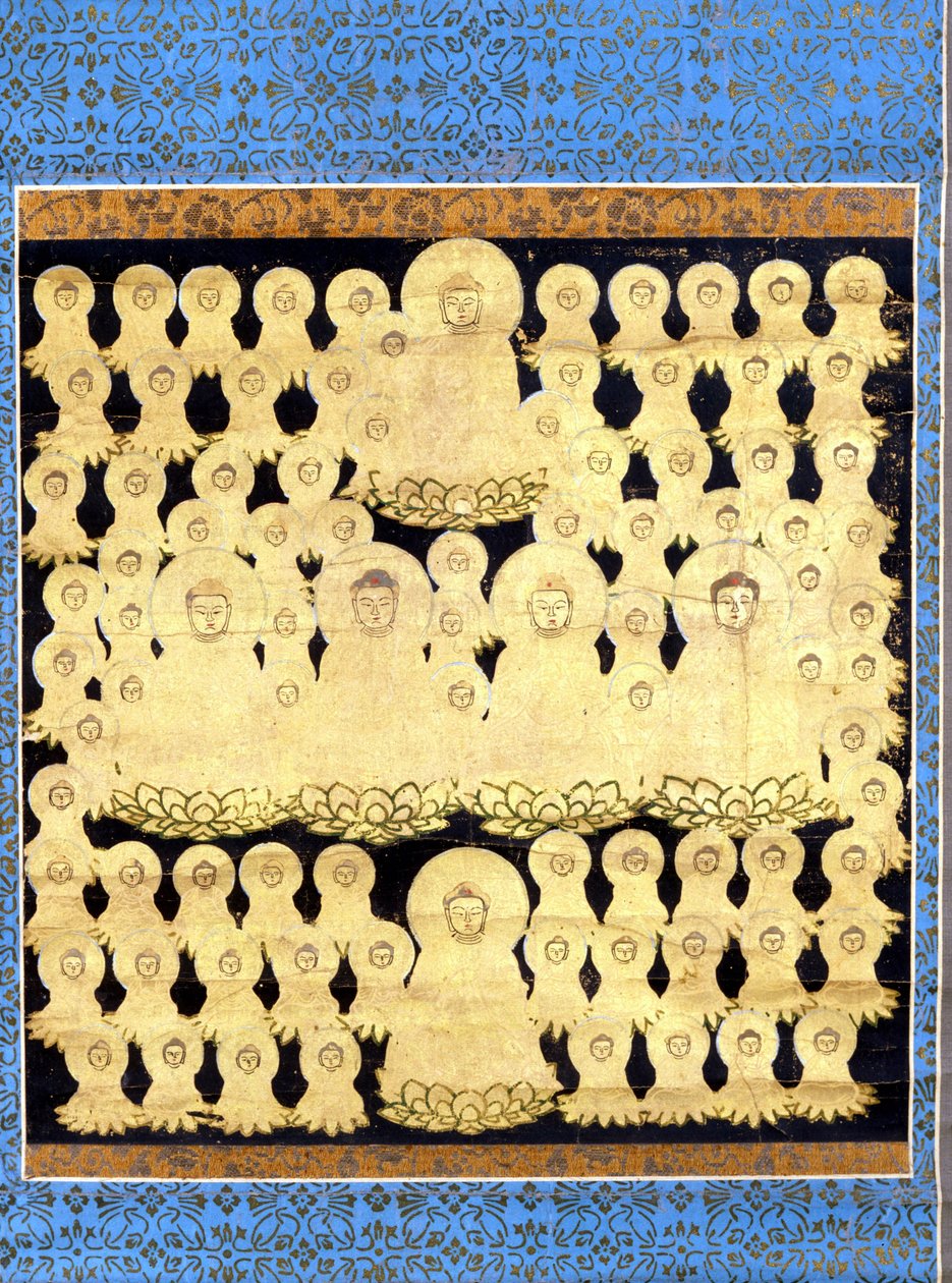 जापानी बुद्ध अमिदा बोसात्सु के पचहत्तर प्रदर्शन। १७वीं शताब्दी के कैनवास पर चित्रकारी। द्वारा जापानी स्कूल