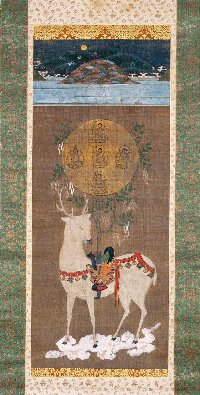 मंडला, मुरोमाची अवधि (1392-1573) के साथ कसुगा हिरण (रेशम पर पेंटिंग) द्वारा जापानी स्कूल