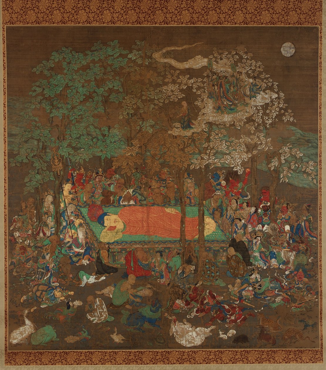 बुद्ध का निर्वाण, कामाकुरा काल (रेशम पर स्याही, रंग, सोना और चांदी) द्वारा जापानी स्कूल