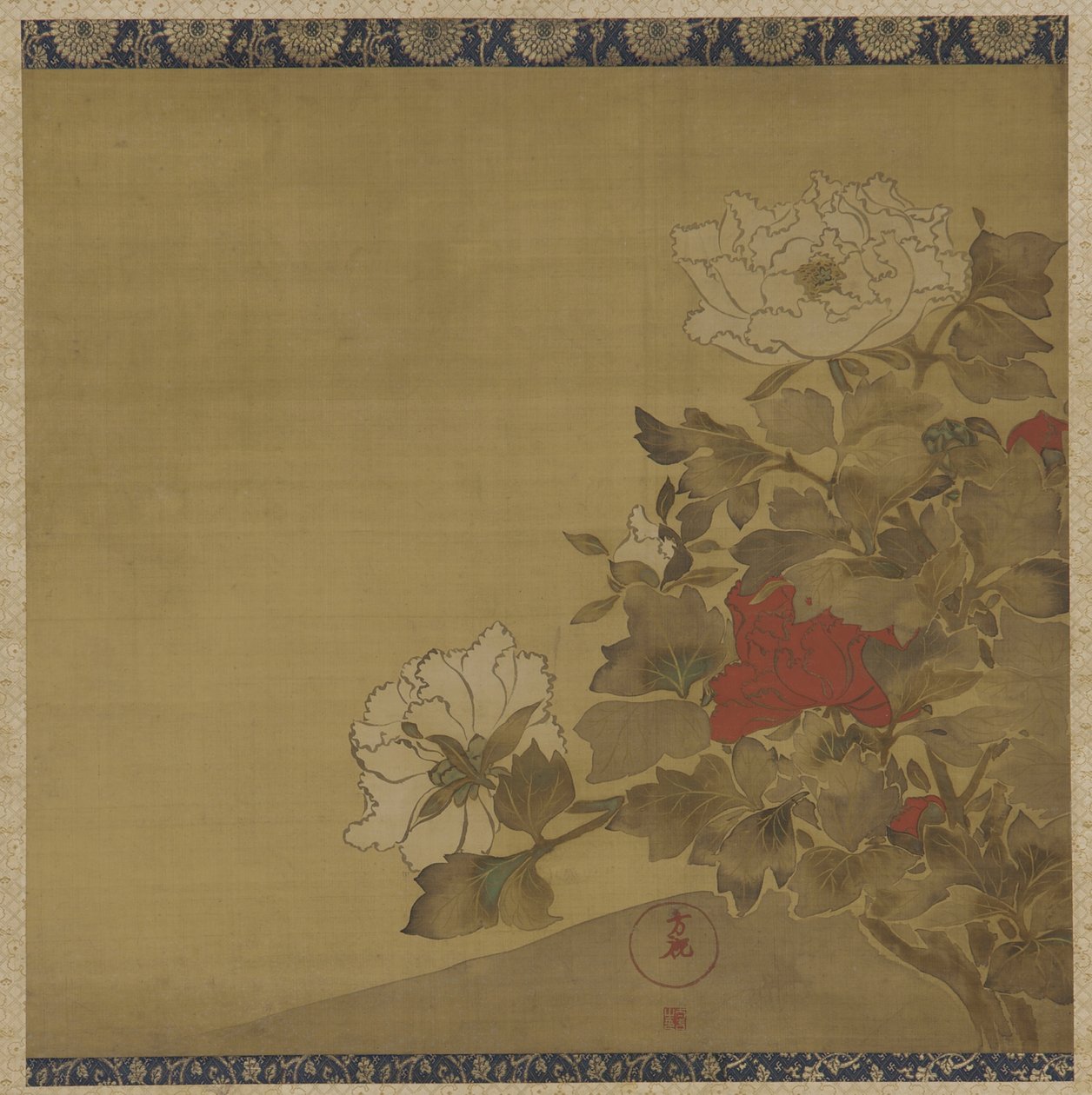Peonies, ईदो अवधि (रेशम पर स्याही और रंग) द्वारा जापानी स्कूल