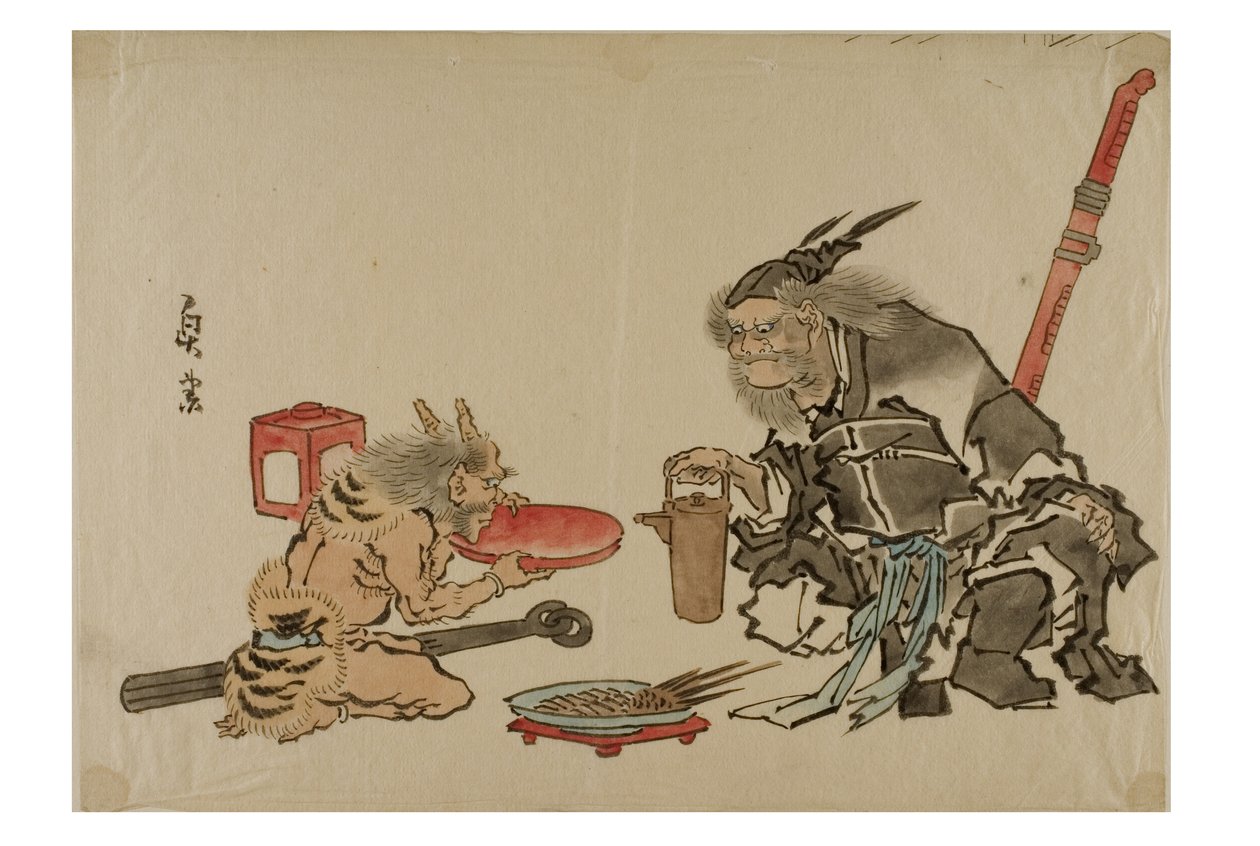 शोकी एक दानव की सेवा करता है, c.1895-1905 (कागज पर स्याही) द्वारा जापानी स्कूल