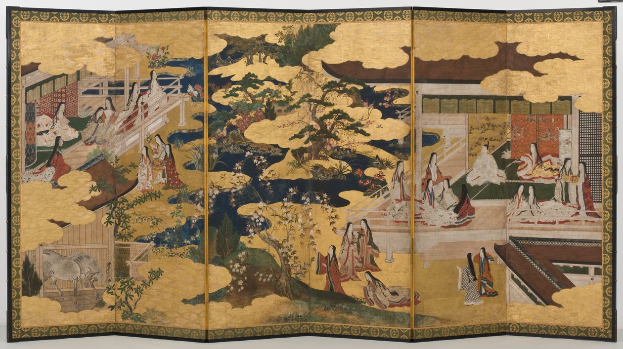 पैलेस में स्प्रिंग, द टेल ऑफ़ जेनजी से छह गुना स्क्रीन, c.1650 (स्याही, रंग और कागज पर सोना) द्वारा जापानी स्कूल