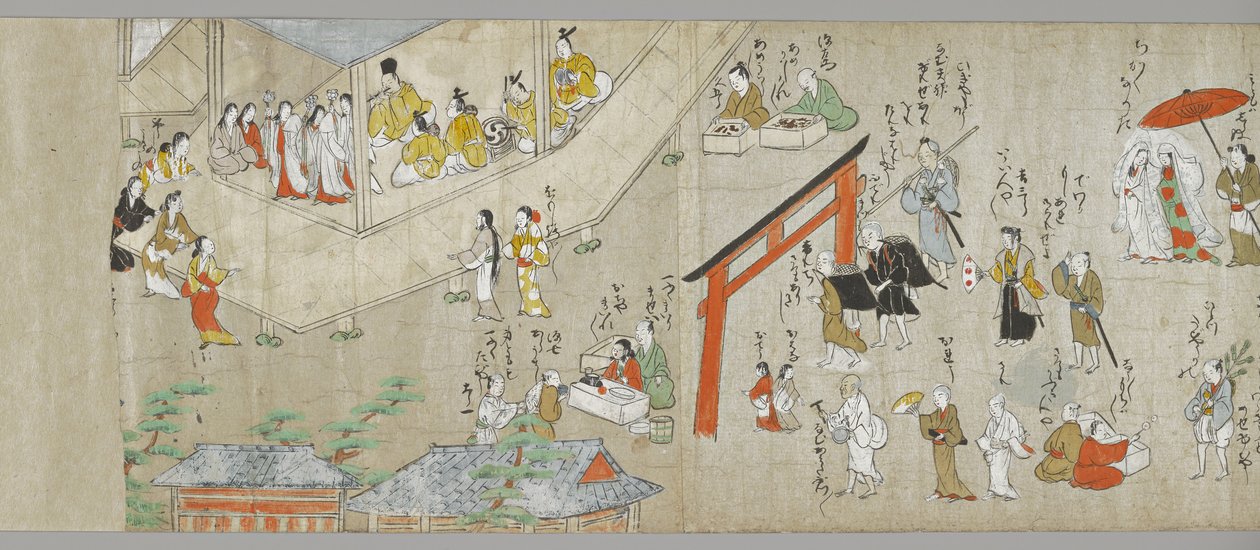 तेनजिन श्राइन स्क्रॉल (एक जोड़ी में से एक) (विवरण), टोसा स्कूल, 17 वीं शताब्दी (कागज पर स्याही, रंग और गोफुन) (5846316 भी देखें) द्वारा जापानी स्कूल