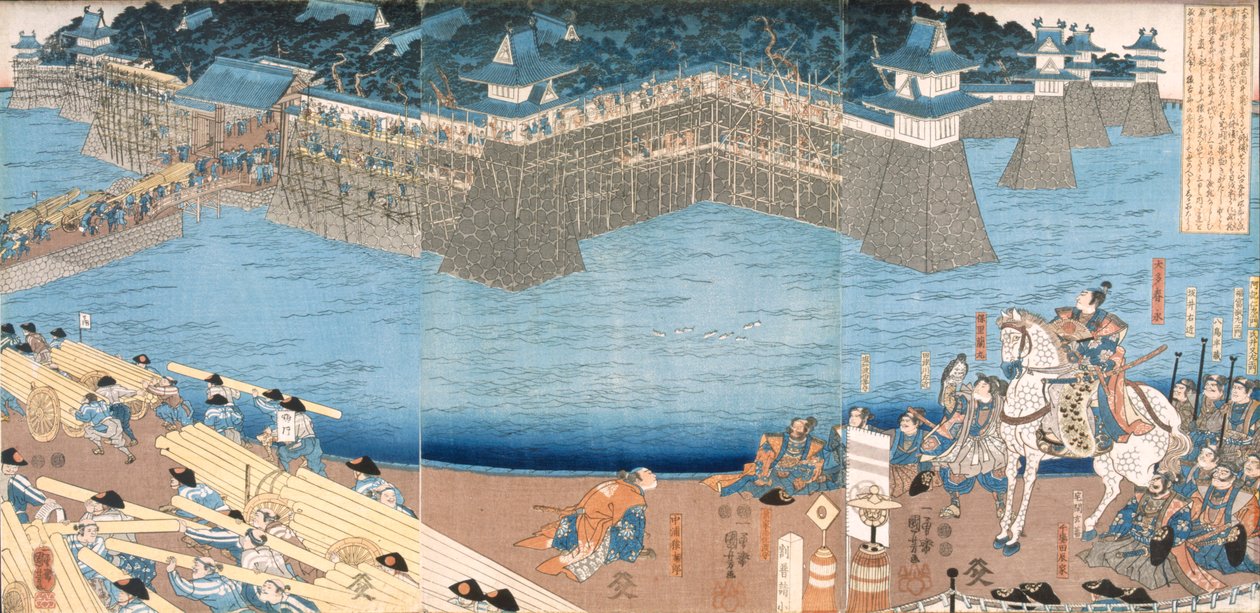 कुनिगोस नदी, ईदो काल 1603-1868 द्वारा बनाए जा रहे एक किले को दिखाते हुए त्रिपिटक। द्वारा जापानी स्कूल
