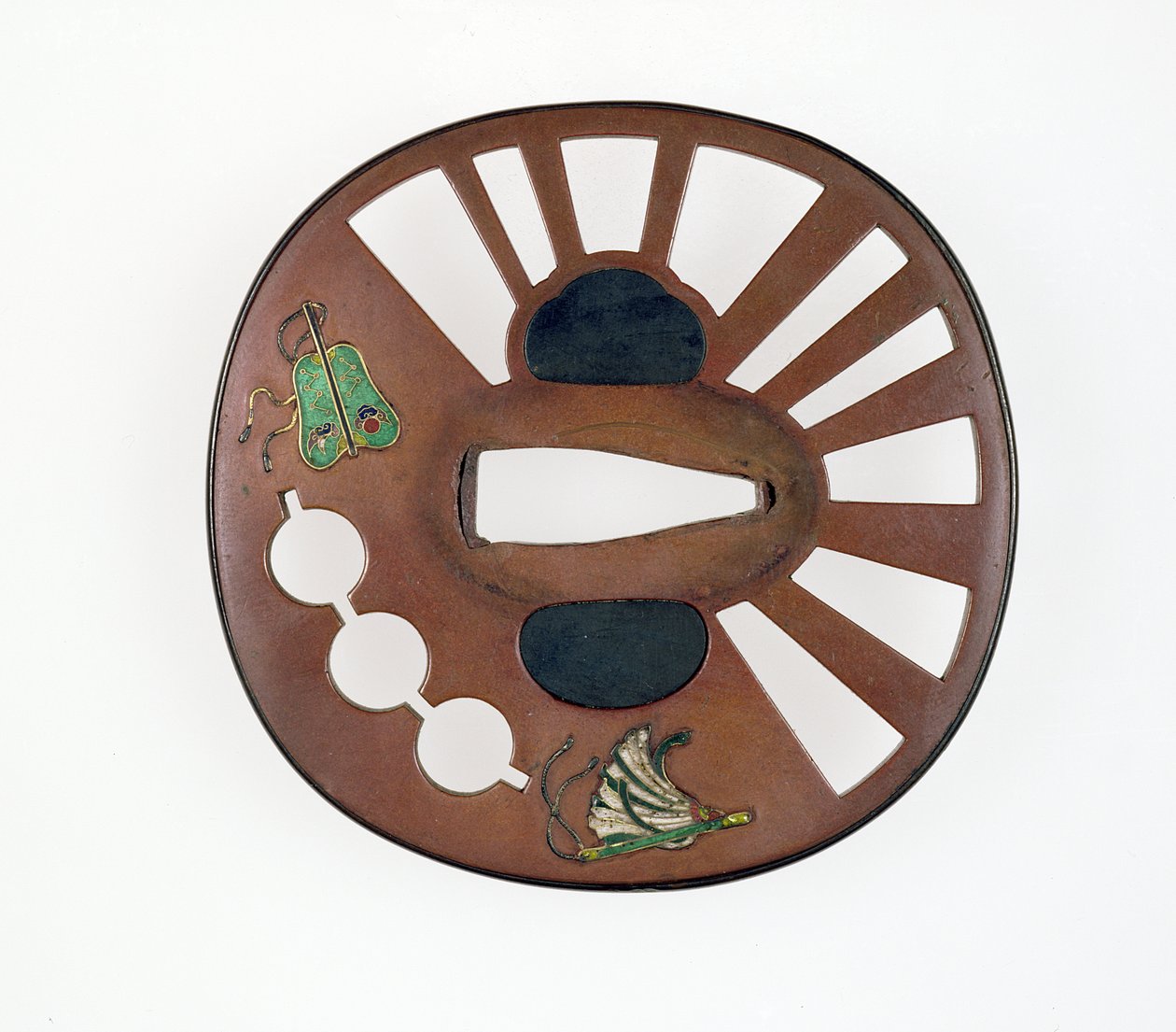 Tsuba प्रशंसकों के साथ सजाया (तामचीनी के साथ तांबा) द्वारा जापानी स्कूल