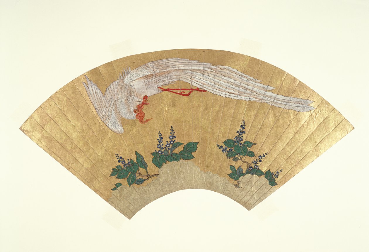 पंखा रहित: बर्फ से ढके बांस पर पक्षी गोताखोरी, c.1700-60 (कागज पर सोना और wc) द्वारा जापानी स्कूल