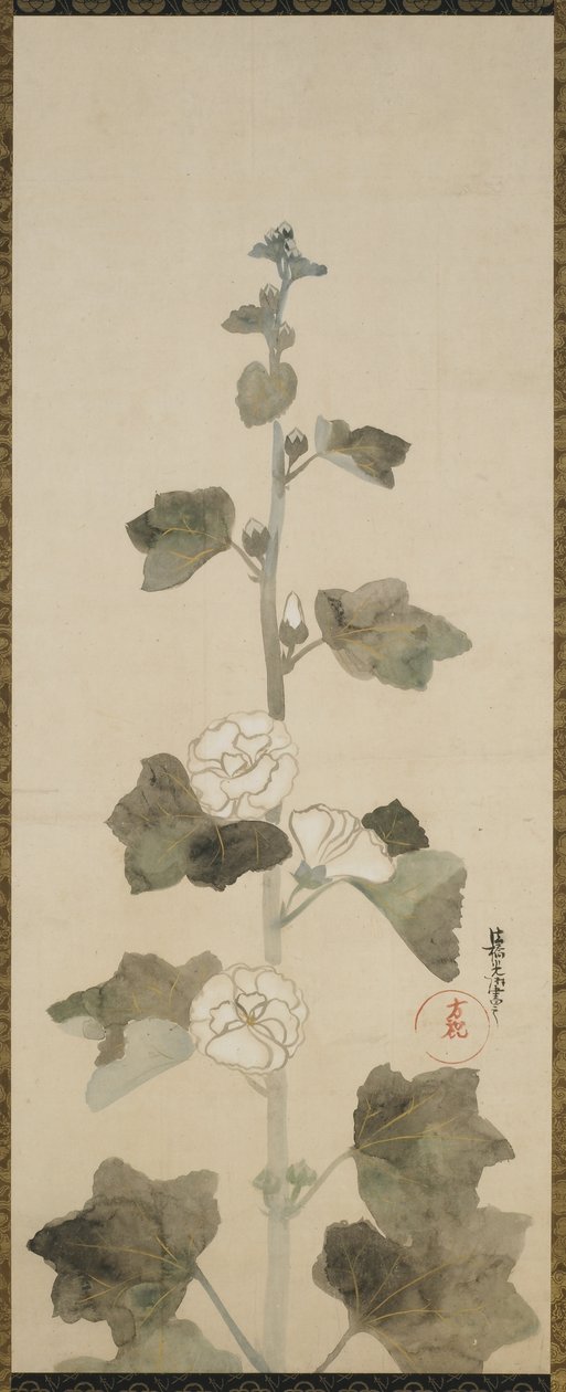 सफेद होलीहॉक, ईदो अवधि, 1615-1868 (कागज पर स्याही, टिंट और सोना) द्वारा जापानी स्कूल