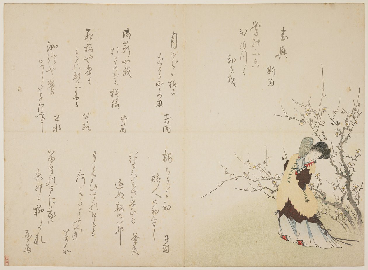 चीनी अदालत की पोशाक में महिला, c.1830-44 (फर कोट पर रंगीन वुडब्लॉक प्रिंट, करज़ुरी) द्वारा जापानी स्कूल