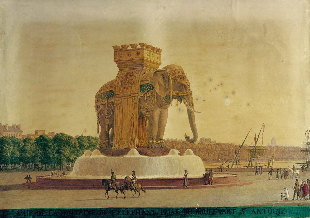 प्लेस डे ला बैस्टिल में हाथी फाउंटेन का दृश्य, c.1805-1810 (कागज पर wc) द्वारा जीन एंटोनी अलावोईन